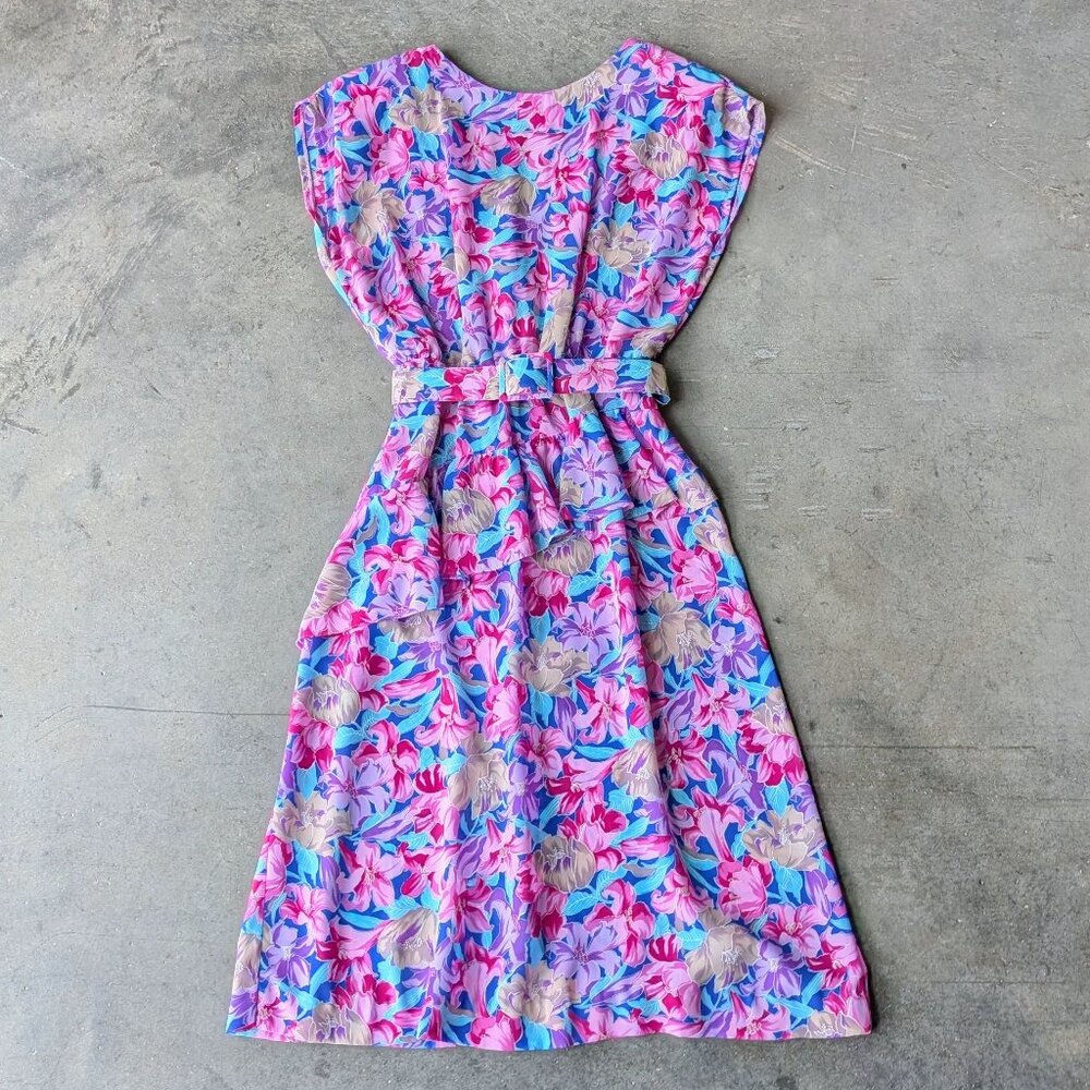 Vintage Cora's Closet Pink Blue Hawaiian Floral Belted Sleeveless Dress - Picture 3 of 8